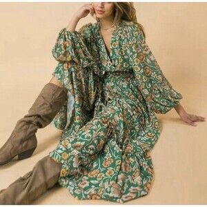 BALTIC BORN Maxi Dress Small Green Floral Flowy Boho Whimsical Fairy Romantic
